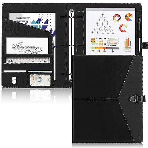 Toplive Padfolio 3 Ring Binder Organizer Business Portfolio Folder for Women, A4/ Letter Size PU Leather Professional Portfolio Padfolio for Interview Conference Presentation, Black - Image 1