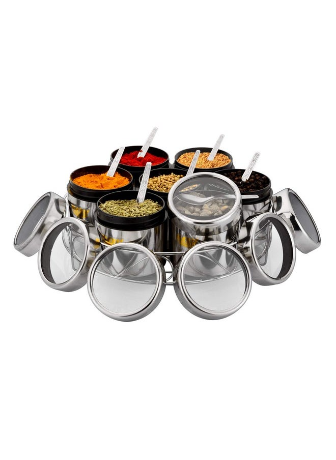 MARU Maru Stainless Steel 7-in-1 Kitchen Storage Container Set with Round Wire Stand-350ml Multipurpose Containers with Durable See-Through Threaded Lids, Ideal for Organizing Spices, Herbs, and Dry Fruits  - Image 1