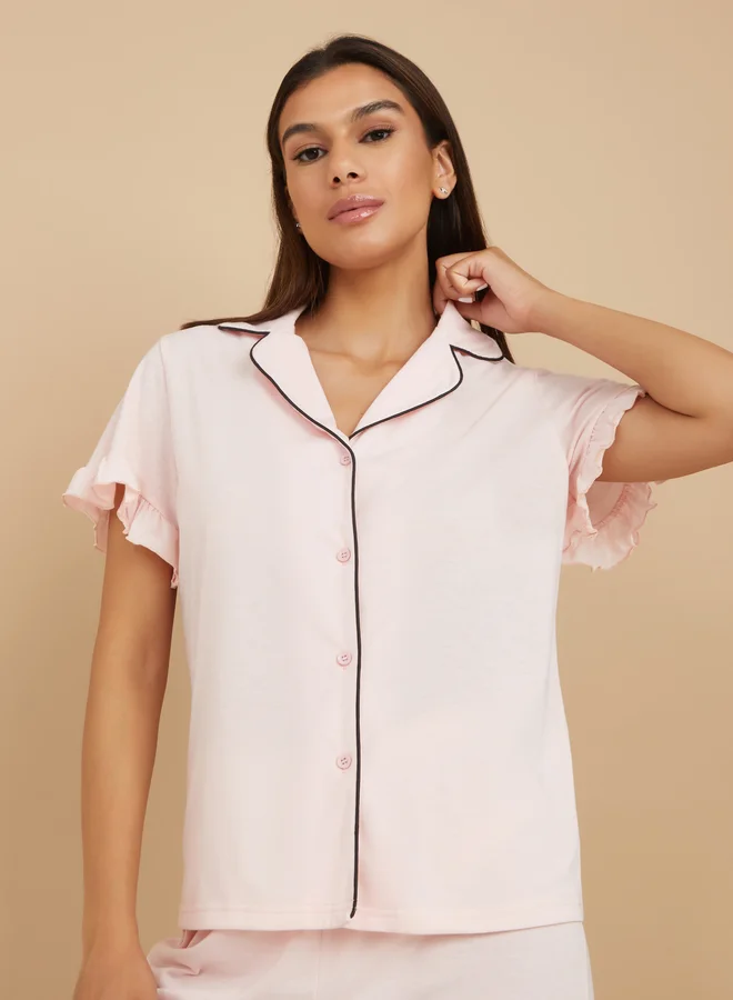 Styli Styli Ruffle Sleeve Contrast Piping Shirt and Pyjama Set