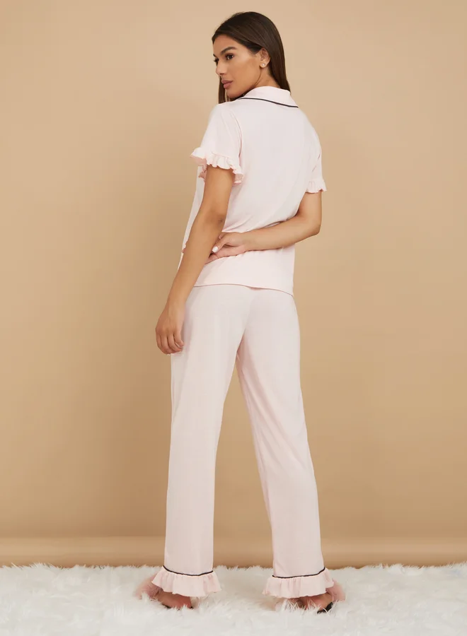 Styli Styli Ruffle Sleeve Contrast Piping Shirt and Pyjama Set