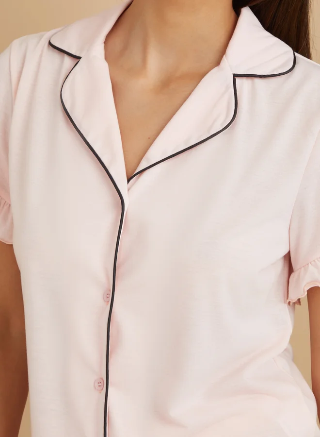 Styli Styli Ruffle Sleeve Contrast Piping Shirt and Pyjama Set