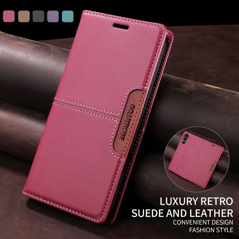 Red Faux Leather Wallet Case for Samsung Galaxy S22 Plus RFID Blocking Magnetic Flip - Image 1