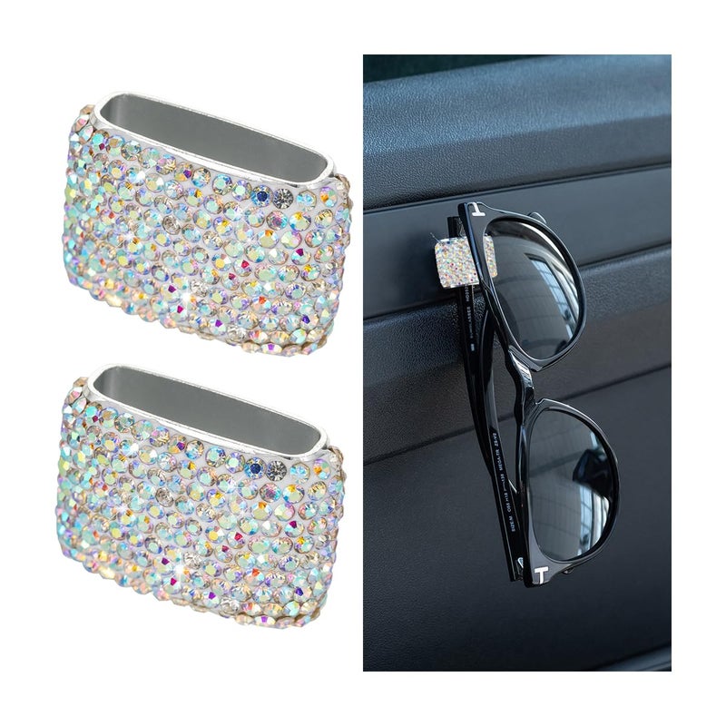 Bittwee 2PCS Bling Car Sunglasses Holder Diamond Rhinestone Automotive Dashboard Glasses Eyeglasses Hanger Hook Sun Visor Clip Car Organizer for Women Men Universal for Vehicle Home OfficeAB