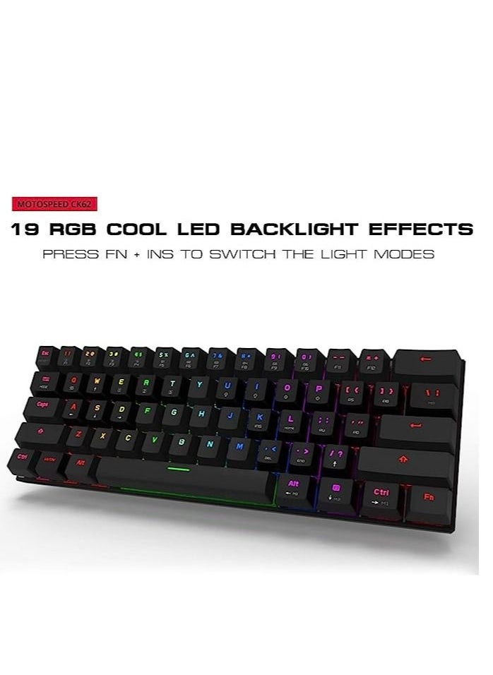 Motospeed - Motospeed Wired/Wireless Bluetooth Mechanical Gaming Keyboard CK62 60% Compact 61 Keys RGB Backlit Type-C Gaming/Office Keyboard for PC/Mac/Linux/iPad/iPhone/Smartphone/Laptop Red Switch(Black) - Image 1