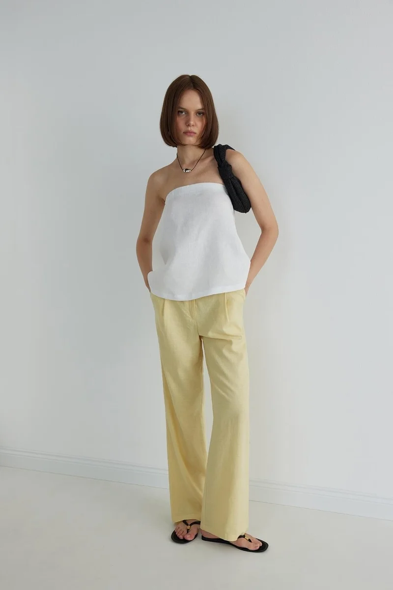 Suud Collection Yellow Gabriel Single Pleated Linen Trousers