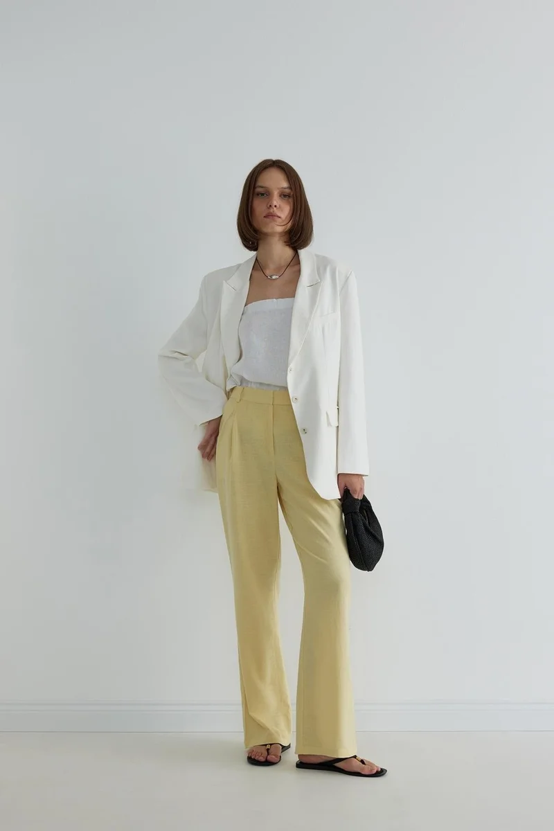 Suud Collection Yellow Gabriel Single Pleated Linen Trousers