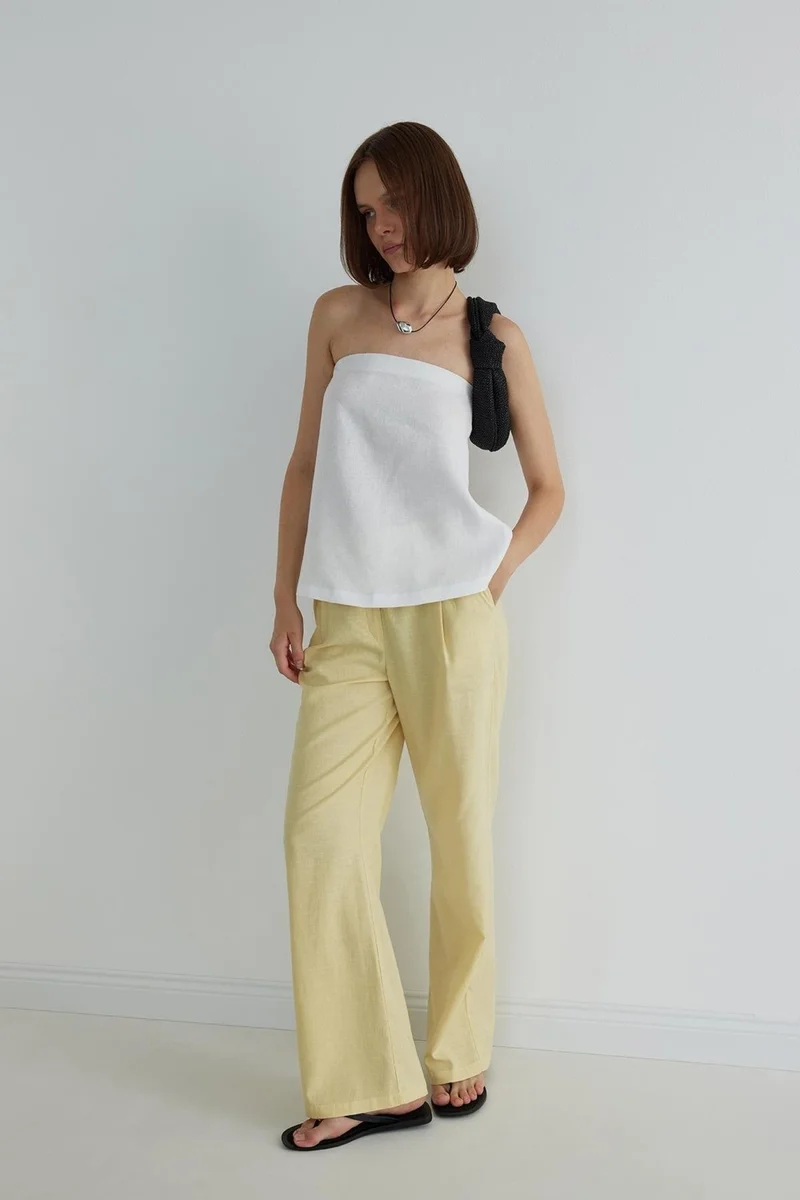 Suud Collection Yellow Gabriel Single Pleated Linen Trousers
