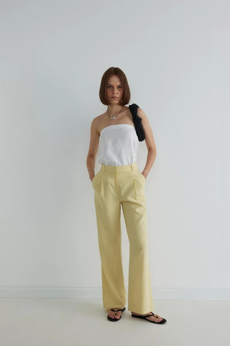 Suud Collection Yellow Gabriel Single Pleated Linen Trousers