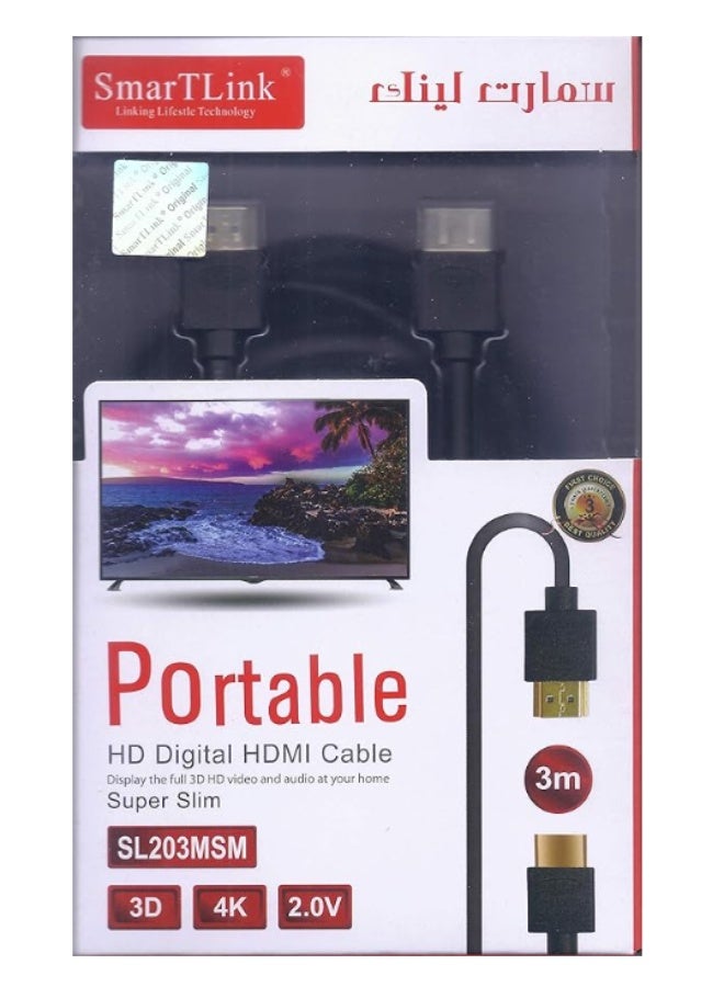 SmarTLink Hdmi Cable 2.0 4K 3M, High Quality Hd Cable with Ethernet, 4K at 30Hz, Type A Connectors, 3D Support, Tangle-Free and Weatherproof Design, Ideal for TV, Monitor, PS4 and Laptop - Black - Image 1