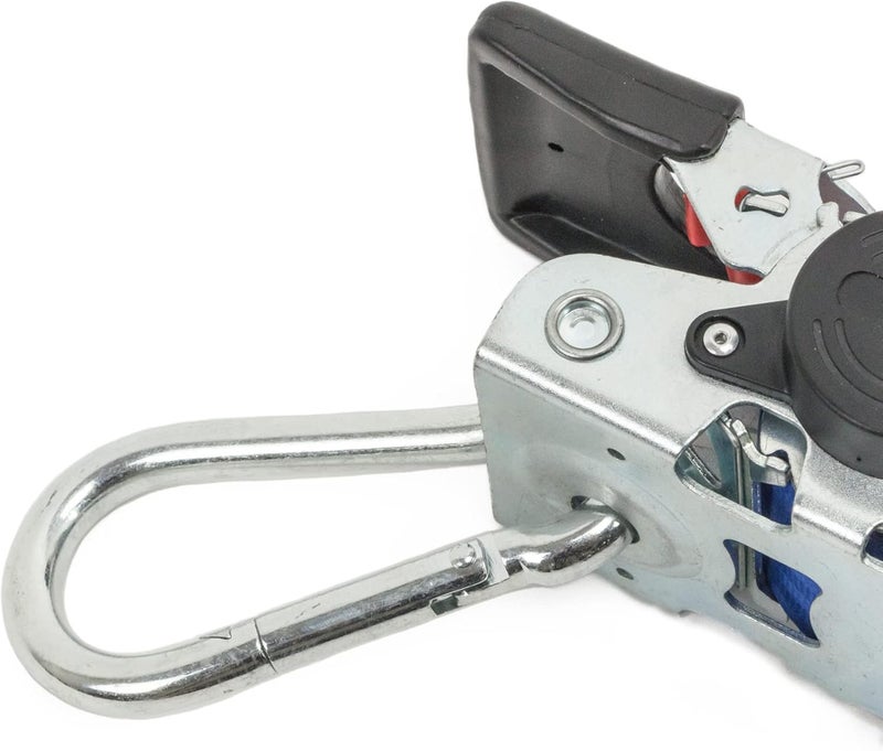 PowerTye - 2 inch x 6ft Long Retractable Ratchet Tie Down Strap with Carabiner and Latch-Hook - Self-Retracting Ratchet, 800 lb W.L.L., Ideal for Motorcycle, ATV, Cargo, Boats, Blue (Pair) - Image 2