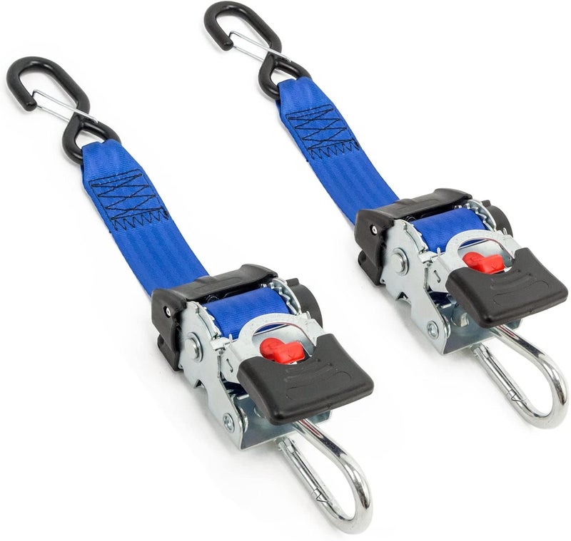 PowerTye - 2 inch x 6ft Long Retractable Ratchet Tie Down Strap with Carabiner and Latch-Hook - Self-Retracting Ratchet, 800 lb W.L.L., Ideal for Motorcycle, ATV, Cargo, Boats, Blue (Pair) - Image 1