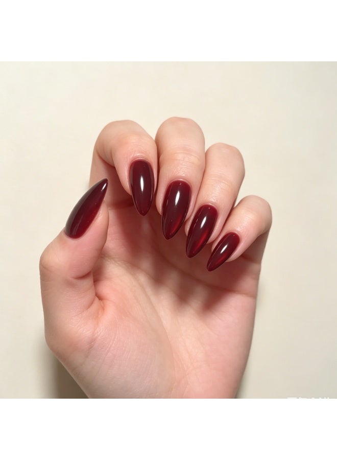THEMIDI. Burgundy Red Cat Eye Press On Nails Almond Shape Glossy Artificial Nails Set Full Cover Fake Nails Reusable Stick On Nails Soft Gel Acrylic Nail Kit Elegant Minimalist Nails For Women Daily Wear Office Wedding Eid Party Salon Style Long Lasting Damage Free Nails - Image 1