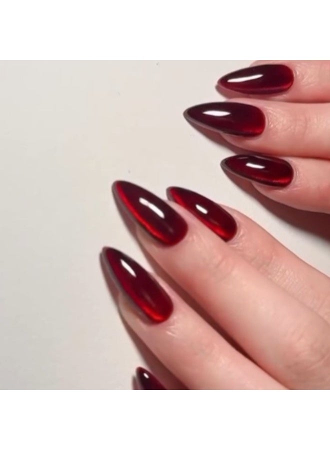 THEMIDI. Burgundy Red Cat Eye Press On Nails Almond Shape Glossy Artificial Nails Set Full Cover Fake Nails Reusable Stick On Nails Soft Gel Acrylic Nail Kit Elegant Minimalist Nails For Women Daily Wear Office Wedding Eid Party Salon Style Long Lasting Damage Free Nails - Image 3