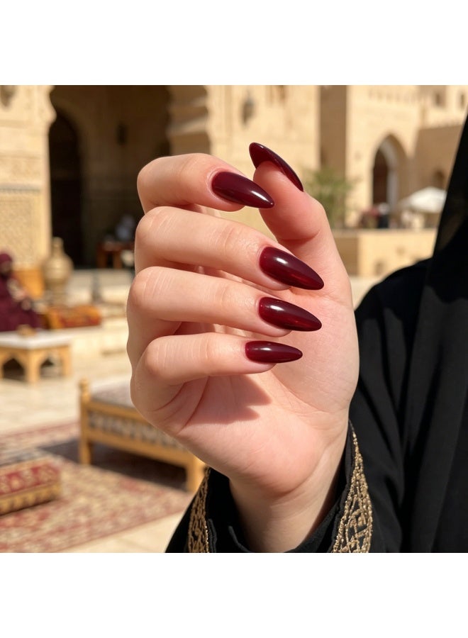 THEMIDI. Burgundy Red Cat Eye Press On Nails Almond Shape Glossy Artificial Nails Set Full Cover Fake Nails Reusable Stick On Nails Soft Gel Acrylic Nail Kit Elegant Minimalist Nails For Women Daily Wear Office Wedding Eid Party Salon Style Long Lasting Damage Free Nails - Image 2