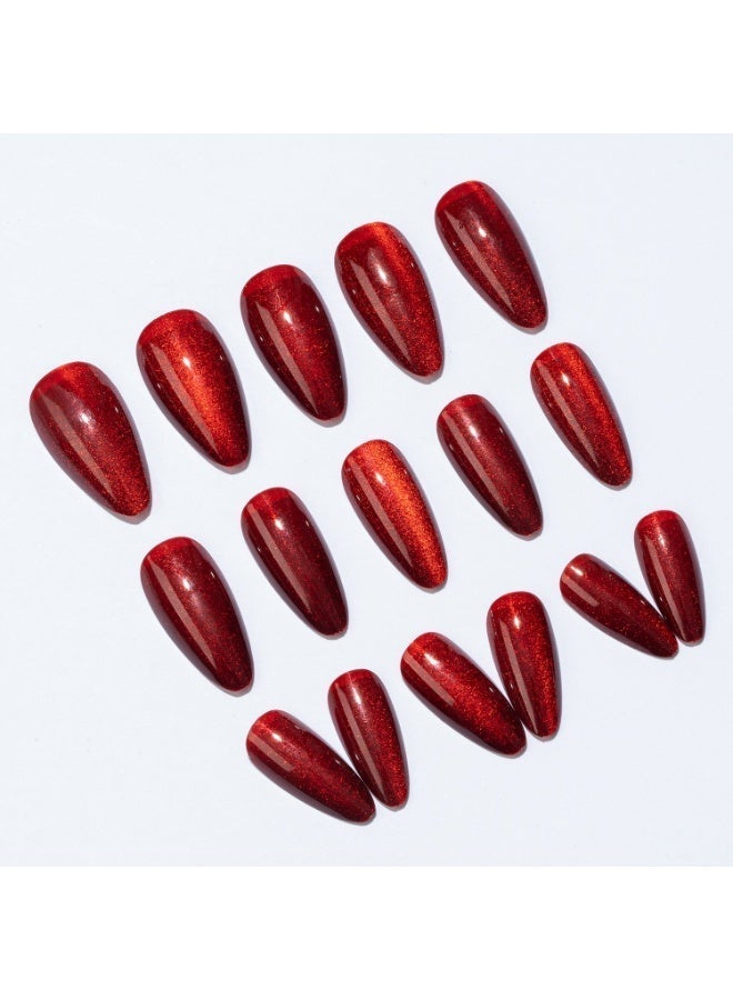THEMIDI. Burgundy Red Cat Eye Press On Nails Almond Shape Glossy Artificial Nails Set Full Cover Fake Nails Reusable Stick On Nails Soft Gel Acrylic Nail Kit Elegant Minimalist Nails For Women Daily Wear Office Wedding Eid Party Salon Style Long Lasting Damage Free Nails - Image 4