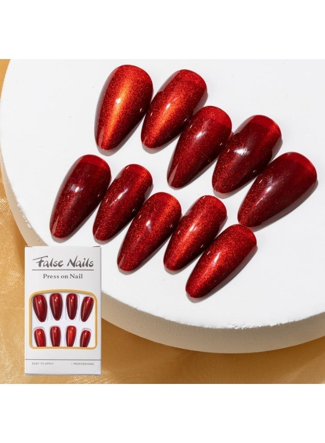 THEMIDI. Burgundy Red Cat Eye Press On Nails Almond Shape Glossy Artificial Nails Set Full Cover Fake Nails Reusable Stick On Nails Soft Gel Acrylic Nail Kit Elegant Minimalist Nails For Women Daily Wear Office Wedding Eid Party Salon Style Long Lasting Damage Free Nails - Image 5
