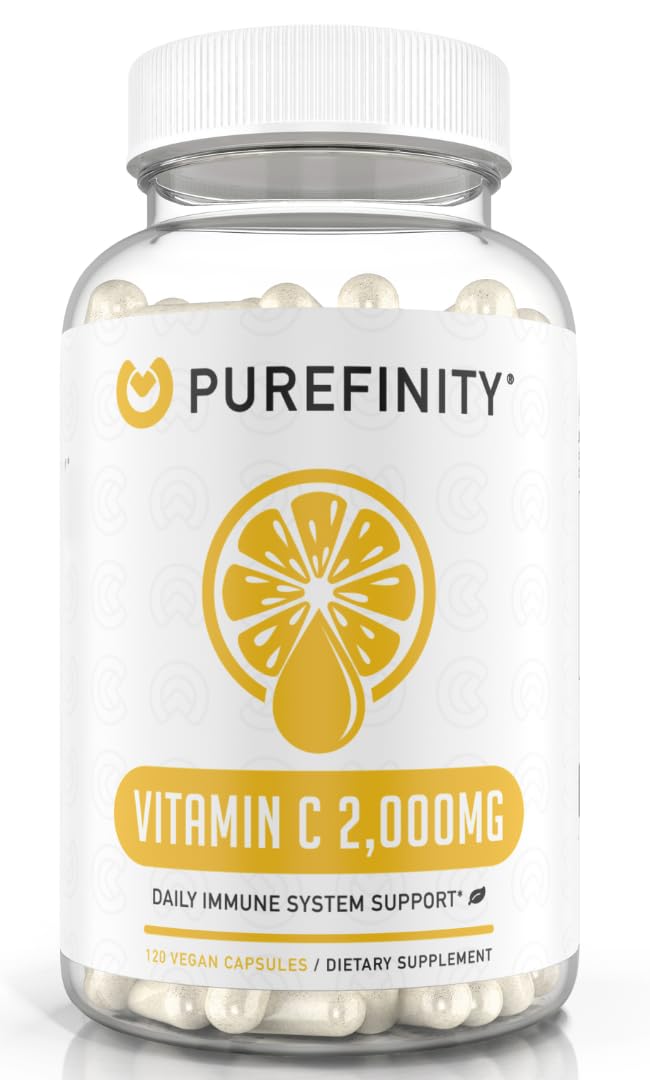PUREFINITY Vitamin C 2000mg Capsules Double Strength High Absorption Supplement Powerful Antioxidant Properties 120 Capsules 1 Month Supply