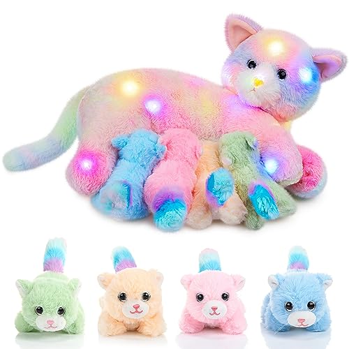 Skylety Nurturing Cat Stuffed Animal with 4 Plush Kittens Cats Baby Stuffed for Girls Boys Plushy Mommy Kitty with Baby Kittens for Birthday Party Favors GiftsLED Style - Image 1