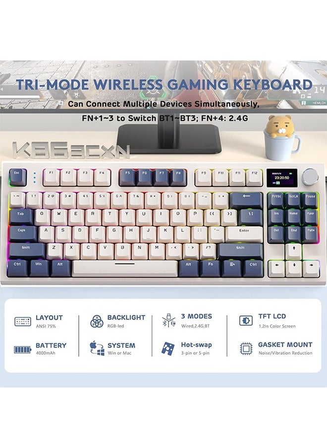 Attack Shark - K86 RGB 75% Wireless Mechanical Keyboard,Triple Mode Bluetooth5.0/2.4G/USB-C 87 Keys Hot Swappable Gaming Keyboard,Knob & TFT Screen Display - Image 1
