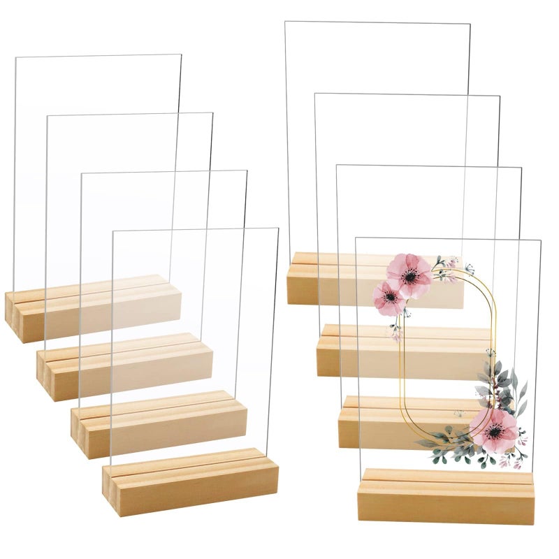 Newbested 8 Pack 5 x 7 Inch Blank Clear Acrylic Table Displays with Wooden Stands  Ideal for DIY Name Cards Menu Numbers and Event Party DecorationsSINGLE LAYER