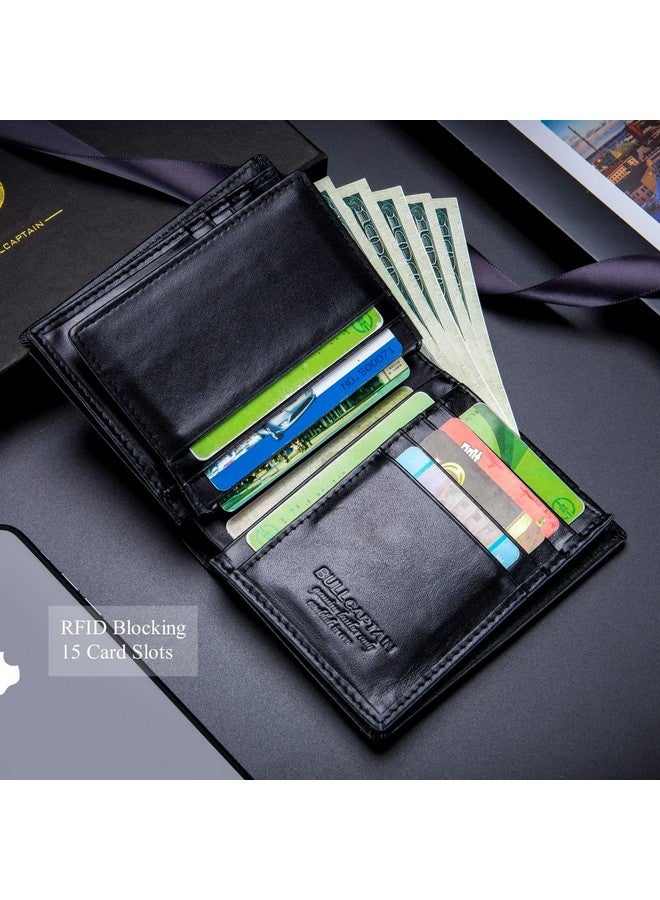 BULLCAPTAIN BULLCAPTAIN Large Capacity Genuine Leather Bifold Wallet/Credit Card Holder for Men with 15 Card Slots QB-027 (Black)  - Image 3