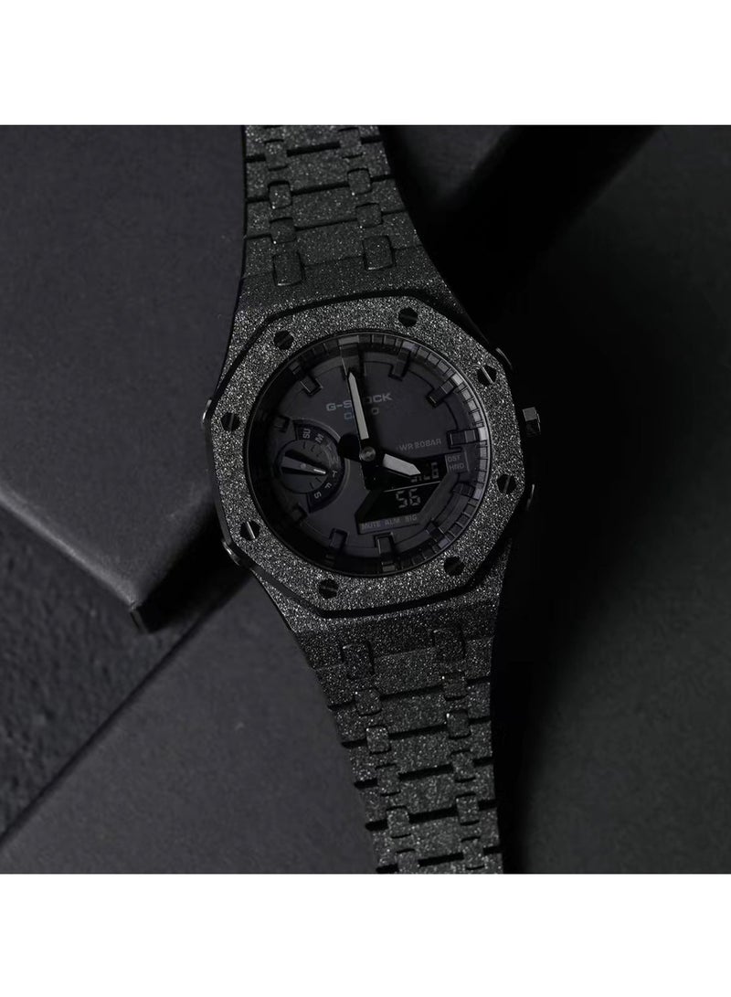 AROAQ GA2100 Metal Watch Band Case Replacement Kit, Stainless Steel Strap Bezel Accessories, Frosted Surface Stainless Steel Bracelet Case Mod For Shock, (Frost Gold Black Shell Steel Belt) - Image 2