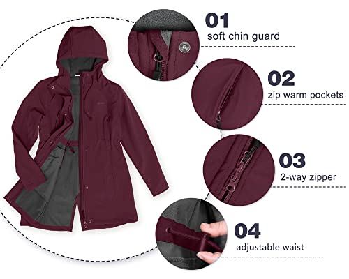 33,000ft Women's Softshell Long Jacket with Hood Fleece Lined Windproof Warm up Waterproof Windbreaker - Image 3