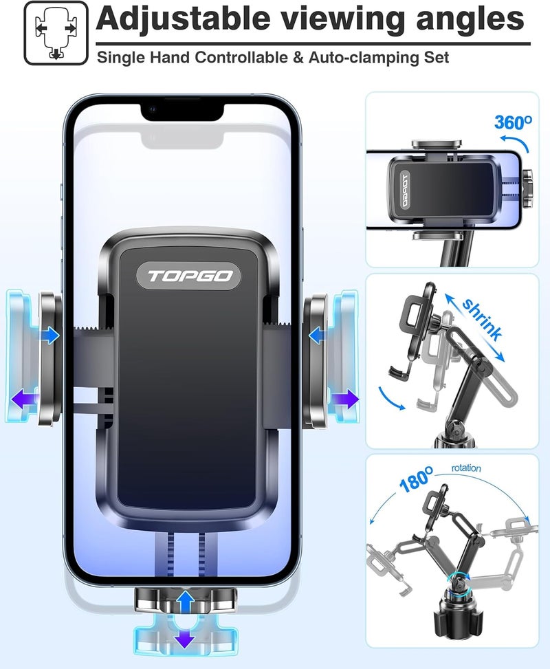 TOPGO TP-TD-03 Cup Holder Phone Holder, [No Shaking & Stable & Adjustable Pole] Car Cup Holder Phone Mount, Cell Phone Cradle for iPhone 14, Samsung and More Smart Phone(Black),11 inch - Image 2