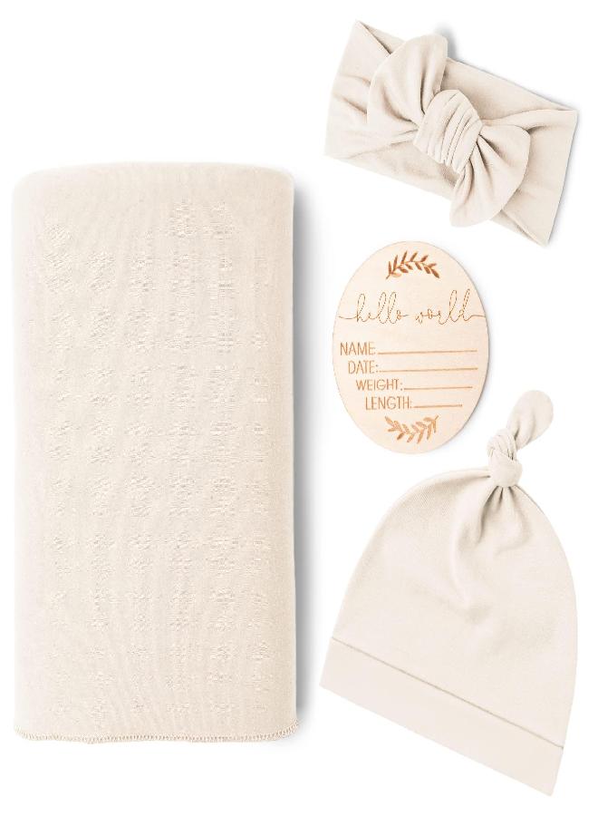 Konssy Konssy Baby Girl Newborn Receiving Blanket with Matching Headband and Beanie Set Baby Swaddle Nursery Swaddle Wrap(Beige) - Image 1