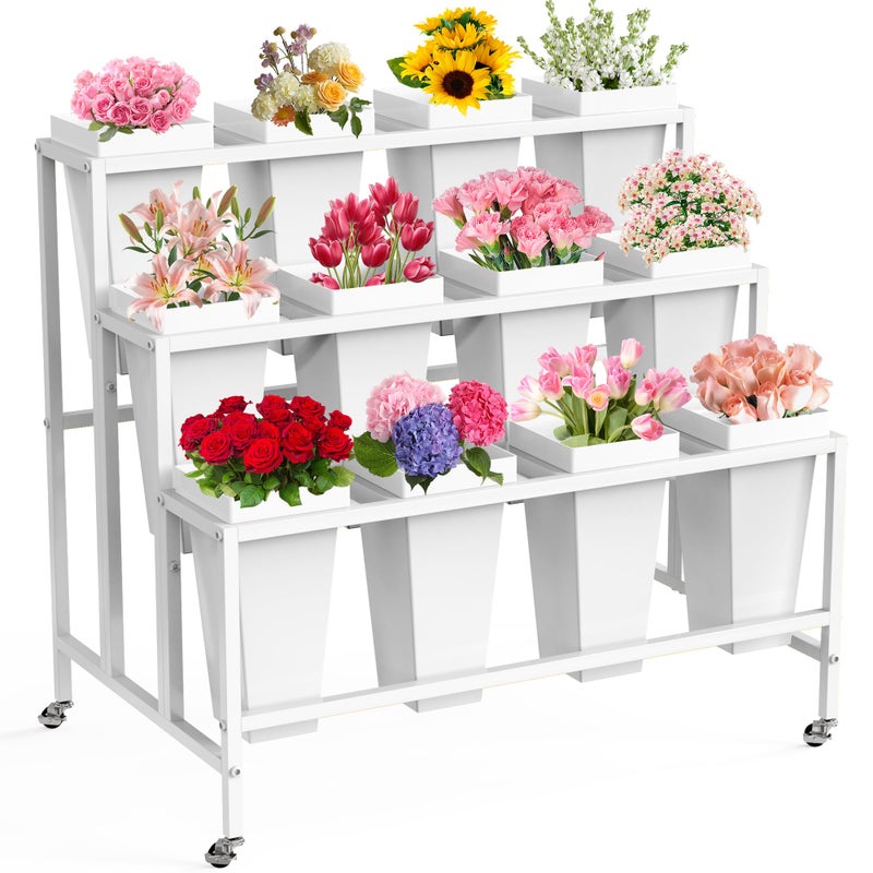 VGMiu Flower Display Stand with 12 Buckets, Flower Cart 3 Layers White Metal Flower Bar Stand with Wheels, Moving Florist Bouquet Shelf for Weddings Florist Indoor Outdoor Patio Garden Living Room - Image 1
