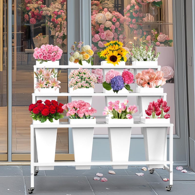 VGMiu Flower Display Stand with 12 Buckets, Flower Cart 3 Layers White Metal Flower Bar Stand with Wheels, Moving Florist Bouquet Shelf for Weddings Florist Indoor Outdoor Patio Garden Living Room - Image 3