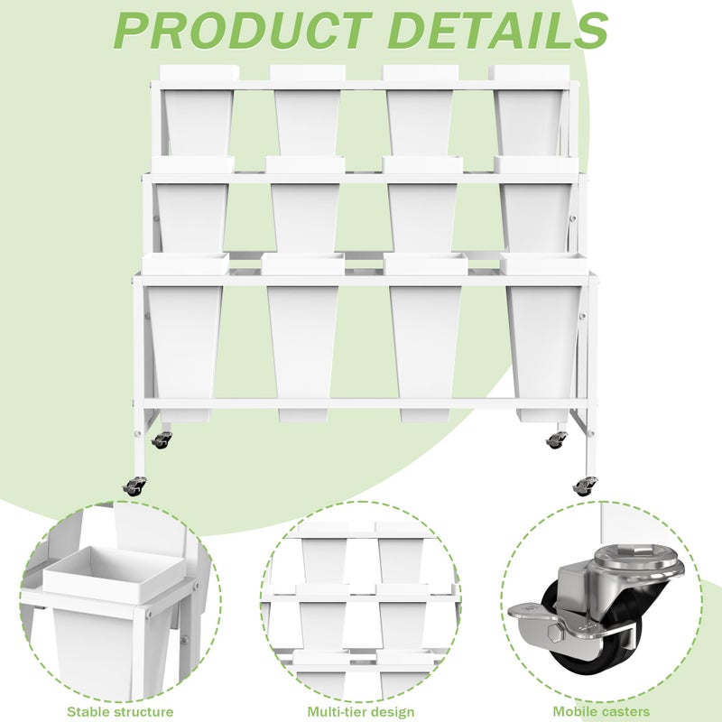 VGMiu Flower Display Stand with 12 Buckets, Flower Cart 3 Layers White Metal Flower Bar Stand with Wheels, Moving Florist Bouquet Shelf for Weddings Florist Indoor Outdoor Patio Garden Living Room - Image 5