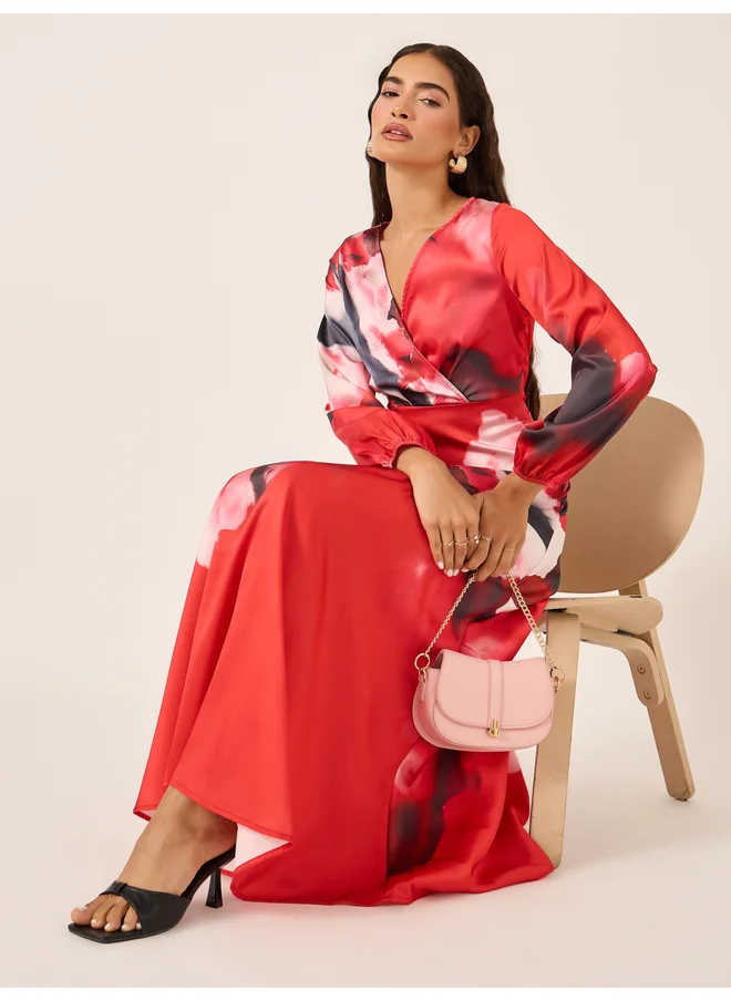 Styli Styli Abstract Print Cuffed Sleeves A-Line Maxi Dress