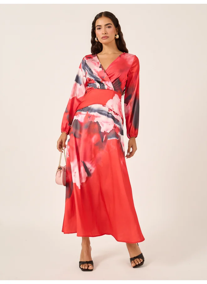 Styli Styli Abstract Print Cuffed Sleeves A-Line Maxi Dress