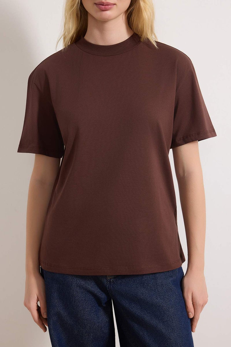 trendyol Dark Brown 100% Cotton Basic Regular/Normal Fit Mock Neck Knitted T-Shirt Twoaw20Ts0096 - Image 3