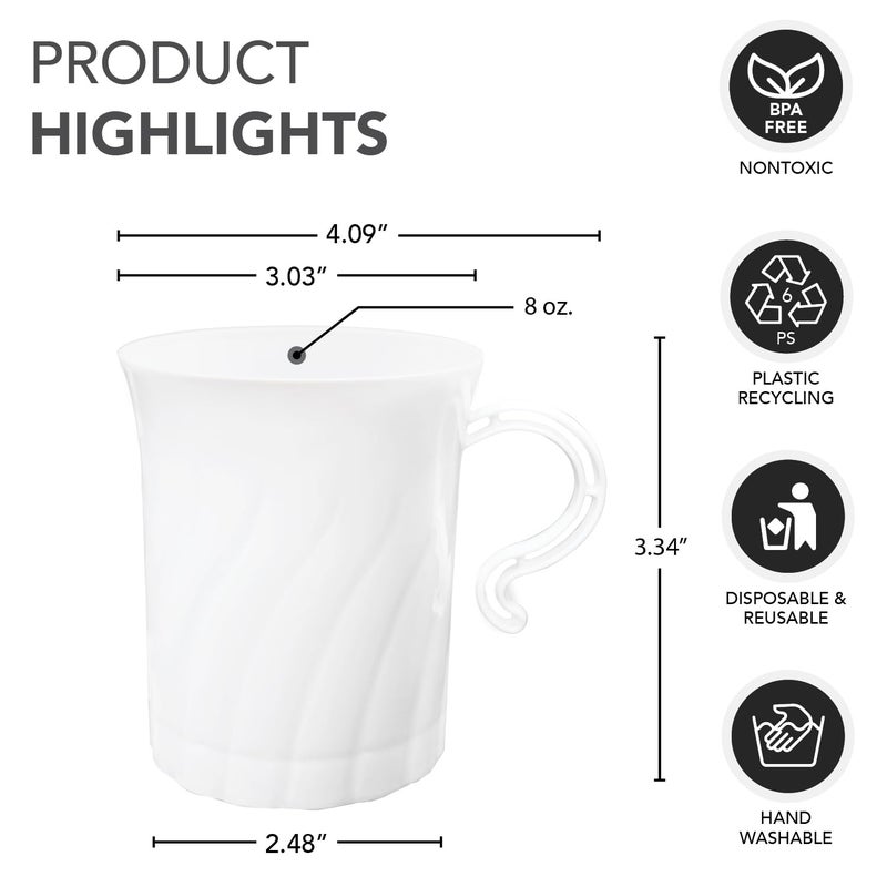 Party Essentials Disposable Plastic 8 oz. Swirled Cups With Handle for Coffee/Tea/Dessert/Fruit/Punch Drinks  White  20 Count - Image 2