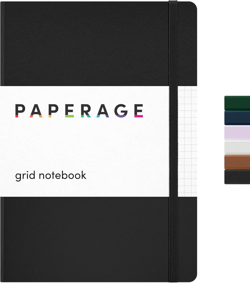 ببرج دفتر يوميات PAPERAGE شبكي (أسود)، 160 صفحة، مقاس متوسط 5.7 بوصة × 8 بوصة، ورق سميك 100 جرام، غلاف صلب، دفتر بورق مخطط ودفتر يوميات - Image 1