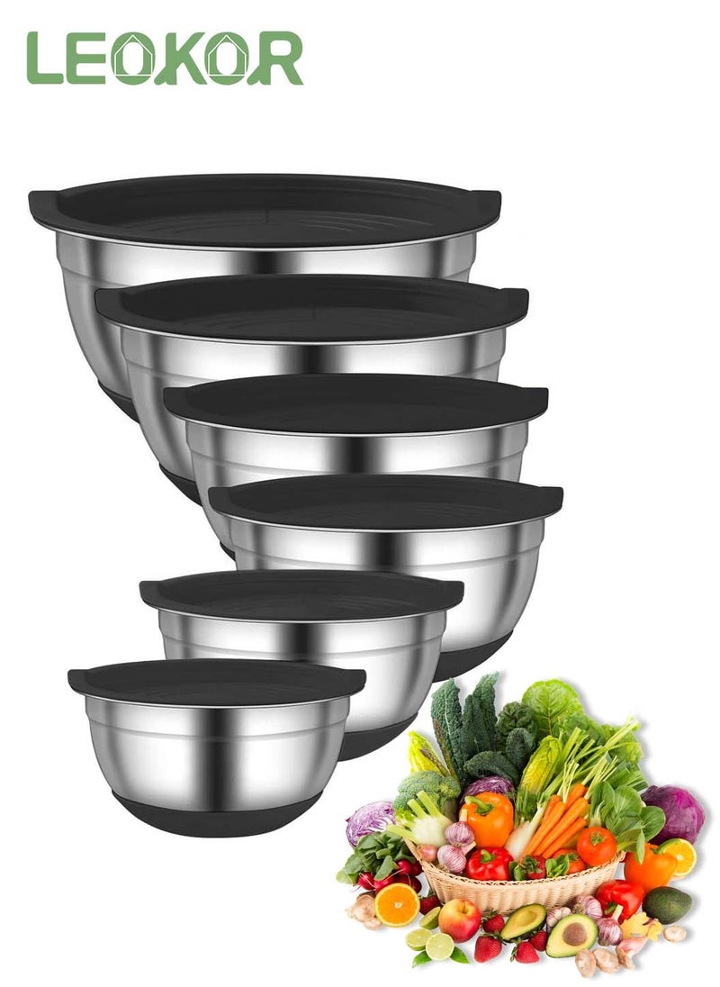 LEOKOR 6 PCS Stainless Steel Mixing Bowls Set with Lids, Salad Dough Baking Bowl, Measurement Marks and Non-Slip Bottoms Nesting Bowls for Home Kitchen Cooking Baking  - Image 1