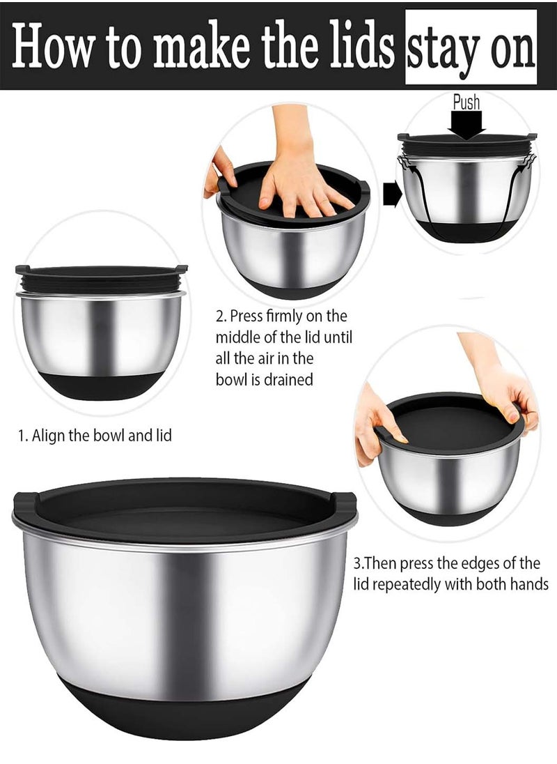 LEOKOR 6 PCS Stainless Steel Mixing Bowls Set with Lids, Salad Dough Baking Bowl, Measurement Marks and Non-Slip Bottoms Nesting Bowls for Home Kitchen Cooking Baking  - Image 5