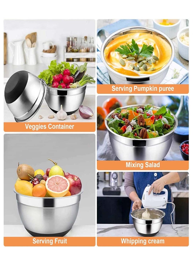 LEOKOR 6 PCS Stainless Steel Mixing Bowls Set with Lids, Salad Dough Baking Bowl, Measurement Marks and Non-Slip Bottoms Nesting Bowls for Home Kitchen Cooking Baking  - Image 2