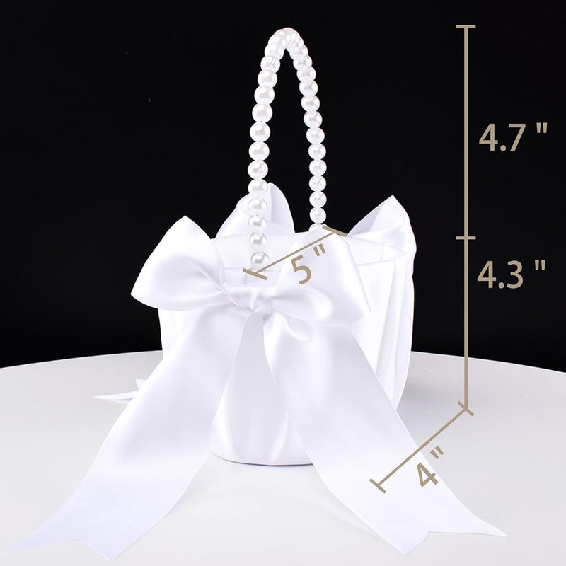 STAFUNI White Flower Girl Basket for Wedding, Cute Satin Bowknot Flower Basket with Pearl Handle For Vintage Wedding Ceremony - Image 2