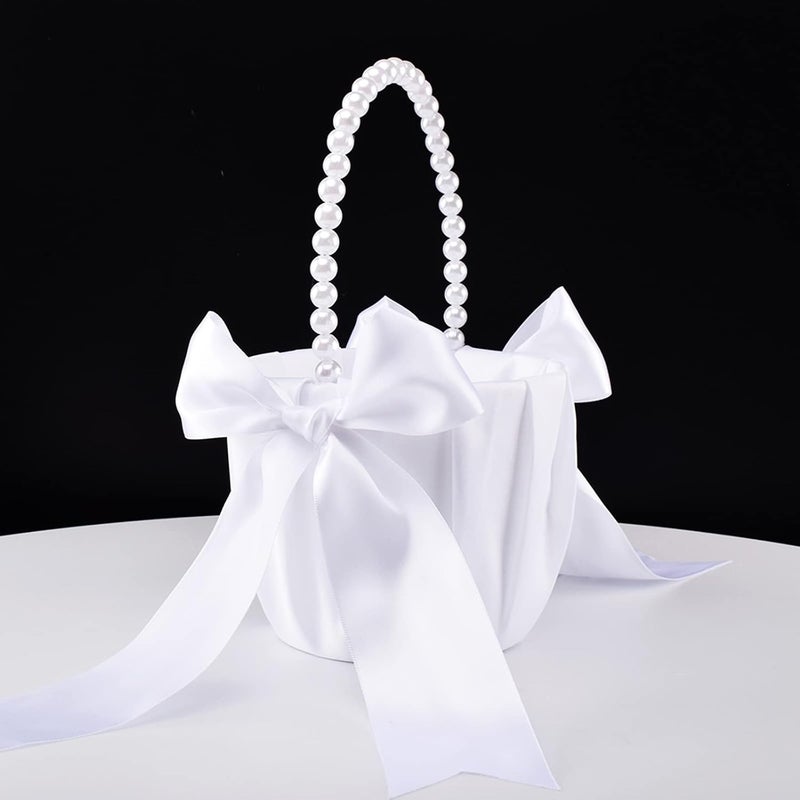 STAFUNI White Flower Girl Basket for Wedding, Cute Satin Bowknot Flower Basket with Pearl Handle For Vintage Wedding Ceremony - Image 1