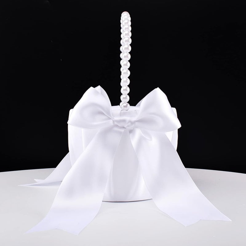 STAFUNI White Flower Girl Basket for Wedding, Cute Satin Bowknot Flower Basket with Pearl Handle For Vintage Wedding Ceremony - Image 5