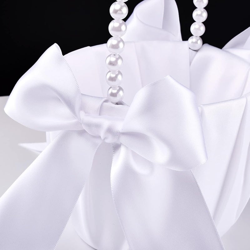 STAFUNI White Flower Girl Basket for Wedding, Cute Satin Bowknot Flower Basket with Pearl Handle For Vintage Wedding Ceremony - Image 4