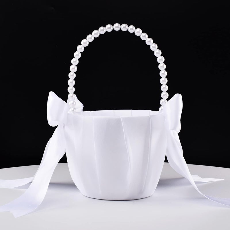 STAFUNI White Flower Girl Basket for Wedding, Cute Satin Bowknot Flower Basket with Pearl Handle For Vintage Wedding Ceremony - Image 3