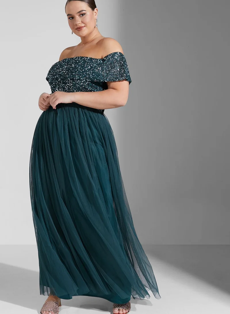 maya bardot sequin dress NEW MAYA DELUXE VINTAGE ROSE BARDOT SEQUIN BOW BACK DETAIL MAXI DRESS SIZE  2
