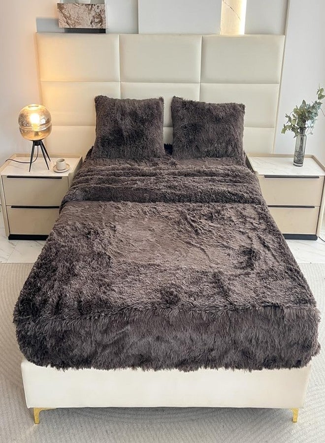 Roscloud Kid Faux Fur Gray Queen 4 PC Sheet Set with Extra Soft Plush Velvet Flannel Fluffy Fuzzy (Pillowcase x 2, Flat Sheet x 1, Fitted Sheet x 1) - Image 1