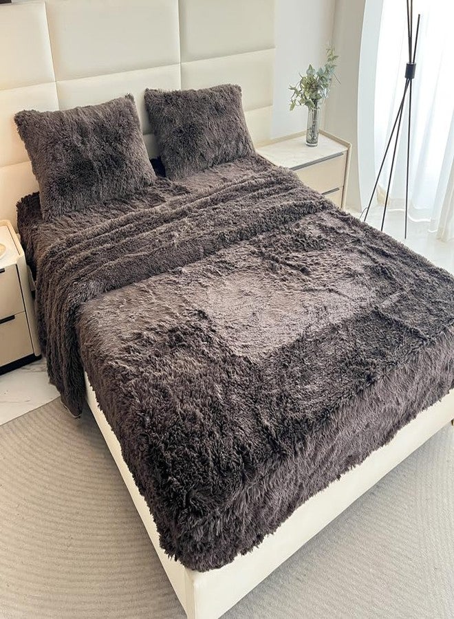 Roscloud Kid Faux Fur Gray Queen 4 PC Sheet Set with Extra Soft Plush Velvet Flannel Fluffy Fuzzy (Pillowcase x 2, Flat Sheet x 1, Fitted Sheet x 1) - Image 2