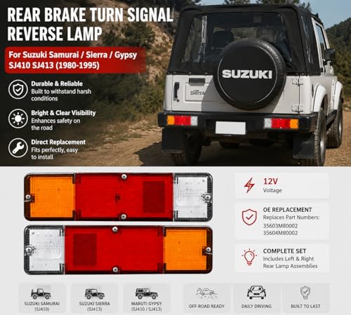APSMOTIV LED Tail Light Assembly Set Left Right for Suzuki Samurai Sierra Gypsy SJ410 SJ413 19801995 Rear Brake Turn Signal Reverse Lamp Red Amber Clear Lens 12V Replaces 35603M80002 35604M80002 - Image 3