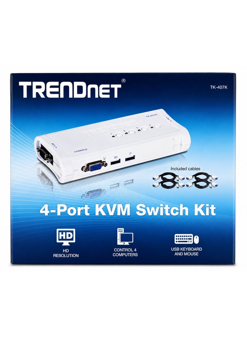 Trendnet 4-Port USB KVM Switch Kit with VGA Support for PC Server and Monitor Control,WHITE - TK-407K - Image 1